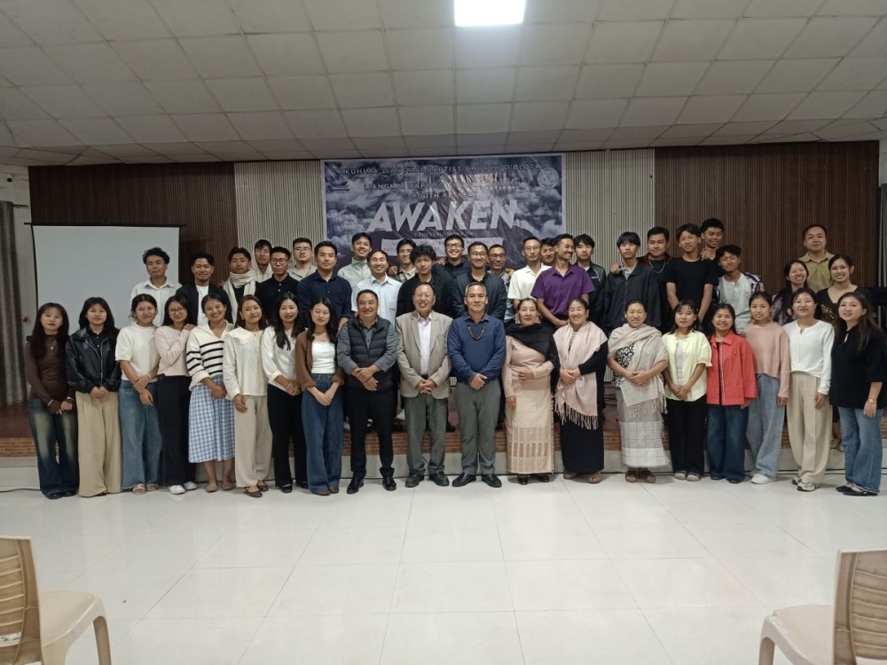 Dr Albert M Chawang, faculty member of North East Christian University, Dimapur, with participants at the youth retreat organised by Kohima Liangmai Baptist Church, D Block and Bayavu, in Kohima on October 19.